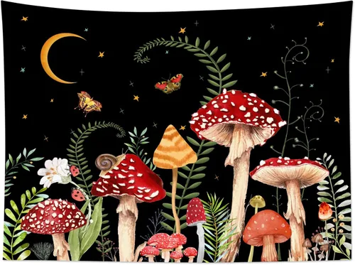 Miniatura 52 de LB Tapiz de hongos para colgar en la pared, luna y estrella en beige, tapiz de pared para dormitorio, estética de planta verde, arte de pared