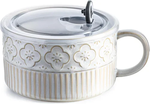 Miniatura 12 de Gomakren Tazón de sopa con asa de 39 onzas, cuenco de ramen para microondas con tapa, recipiente de sopa de cerámica para ramen, cereales, oficina