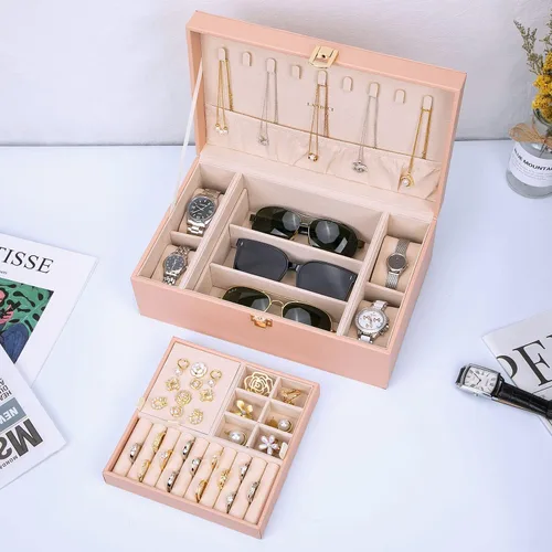 Miniatura 7 de LANDICI Joyero organizador para mujeres y niñas, caja grande de 2 capas para reloj con bandeja extraíble, soporte de almacenamiento de joyas de piel