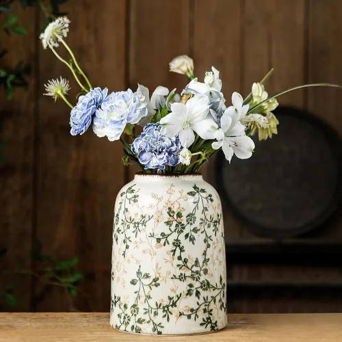 Jarrón de cerámica verde y floral vintage, florero grande con efecto craquelado retro para decoración de hogar, sala, estantería, oficina, 11-verde