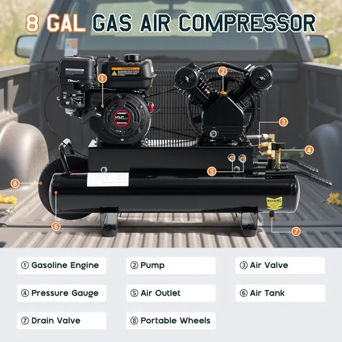 Miniatura 6 de Albott 6.5HP Gas Powered Air Compressor, 8 Gallon Portable Horizontal Tank, 196cc Loncin Engine, 10 CFM at 115 PSI, Wheeled Piston Pump for Workshop