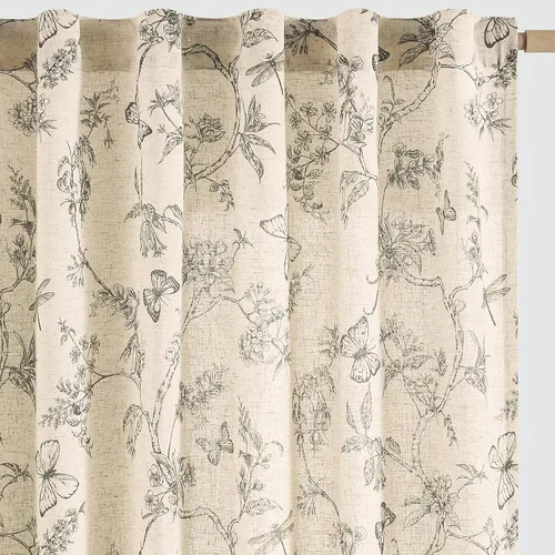 Miniatura 21 de JINCHAN Cortinas florales de lino para sala de estar, cortinas negras de estilo granja francesa de campo, cortinas de 63 pulgadas de largo, cortinas