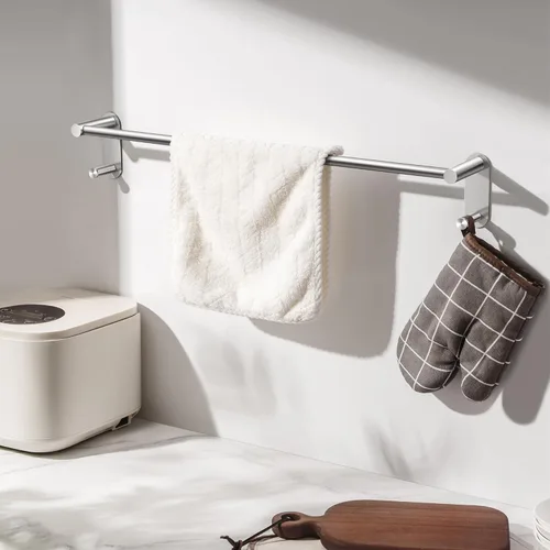 Miniatura 4 de Toallero adhesivo de 24 pulgadas – Toallero de acero inoxidable para baño, soporte de toalla sin perforaciones con 2 ganchos, níquel cepillado