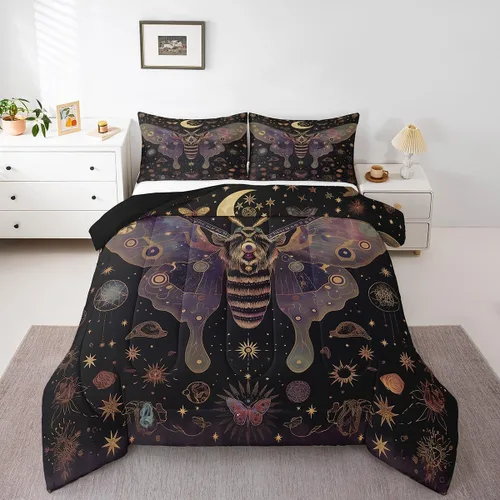 Miniatura 25 de Erosebridal Juego de ropa de cama de calavera gótica, flores mandala, mariposa hippie para niñas y niños, edredón de esqueleto de la muerte de Negro