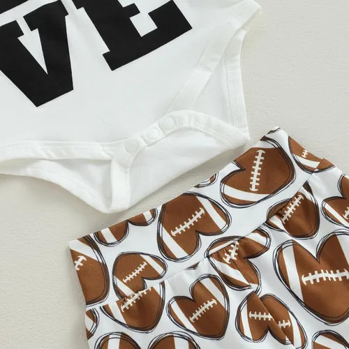 Miniatura 6 de BULINGNA 3Pcs Infant Baby Girl Football Season Outfits Love Bodysuit Romper Heart Shape Football Flared Pants with Headband