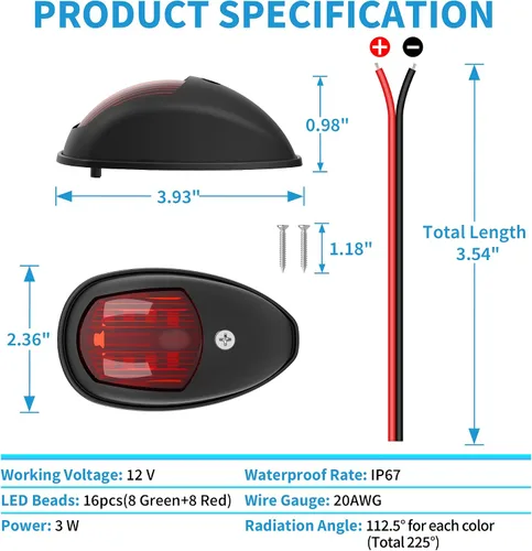 Miniatura 8 de Obcursco Luces de Navegación para Barco, LED Rojo y Verde de Montaje Vertical para Proa y Popa, Luces Marinas Impermeables IP67 para Pontones, Negro