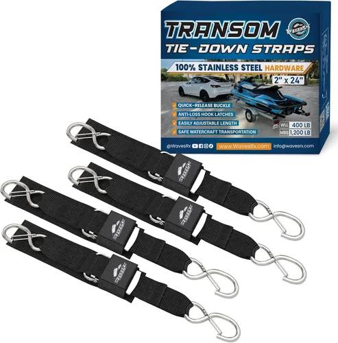 Miniatura 11 de WavesRx Correas de popa de remolque de barco y moto acuática de alta calidad - Correas marinas - Ajustable a través de hebilla de liberación rápida