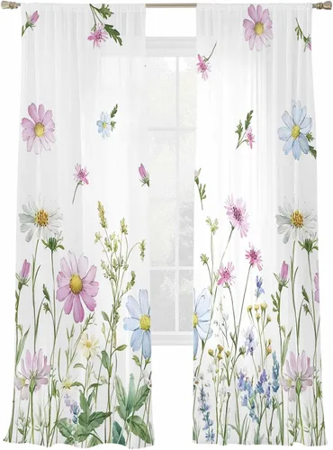 Cortinas semitransparentes florales de primavera, 84 pulgadas de largo, tratamientos florales coloridos de verano para ventanas, cortinas de filtro