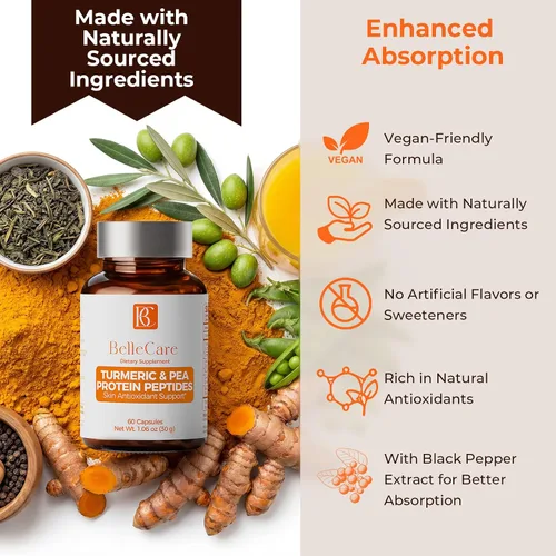 Miniatura 9 de BELLECARE Suplemento de cúrcuma de 780 mg con pimienta negra, vitamina C, té verde y péptidos de guisantes, apoyo antioxidante para la salud