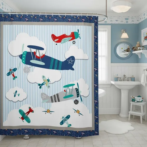 Cortina de ducha de avión para niños, cielo azul y nubes blancas, juego de cortina de ducha para niños y adultos, cortina de baño moderna de