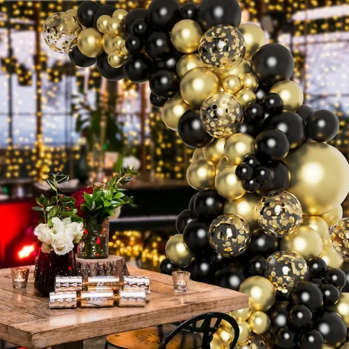 Miniatura 5 de DBKL Kit de arco de guirnalda de globos negros y dorados con globos de confeti negro y dorado para decoraciones de Año Nuevo, suministros de fiesta