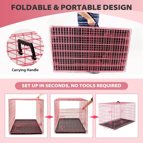 Miniatura 6 de BestPet Jaula para perros 36 pulgadas Rosa Perrera plegable de metal con puertas dobles, pestillos seguros de perno deslizante, bandeja a