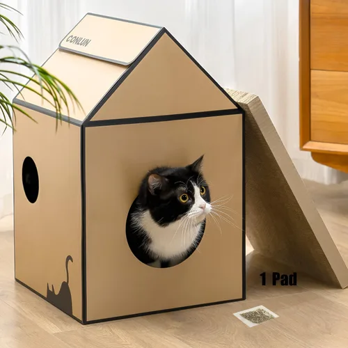 Miniatura 10 de Conlun Casa de cartón para gatos con almohadilla para rascar y hierba gatera, casa rascador para juegos de gatos para muebles de interior, rascador