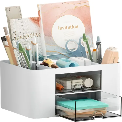 Miniatura 14 de Marbrasse Organizador de bolígrafos con 2 cajones, portaplumas multifuncional para escritorio, organizadores de escritorio y accesorios con 5