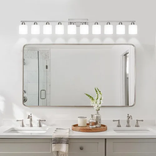 Miniatura 28 de Luz de baño de níquel cepillado, Luz de tocador de baño de 2 luces de níquel cepillado, Lámpara de tocador con pantallas de vidrio esmerilado blanco
