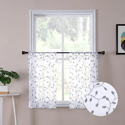 Miniatura 33 de Tollpiz Cortinas Cortas Transparentes de Hojas con Bordado de Hojas Grises, Cortinas de Dormitorio con Bolsillo para Barra, Voile de Lino Sintético