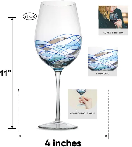 Miniatura 2 de Bezrat Juego de 2 copas de vino tinto, copa de vino pintada a mano, artículos esenciales para bebidas, 11 pulgadas de alto, vaso grande para amantes