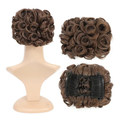 SWACC Extensión de moño corto rizado desordenado, fácil de estirar, peines para el cabello, extensión de cola de caballo con clip, coletero, Marrón