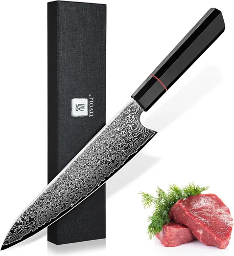 Cuchillo de chef de damasco TIVOLI de 8 pulgadas, cuchillo de cocina japonés forjado a mano de alto carbono con mango octagonal, cuchillo de cocina