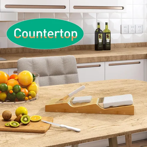 Miniatura 2 de Inserto Organizador de Cajones para Cuchillos, Soporte de Cuchillos de Madera de Bambú, Bloque de Cuchillos que Sostiene Hasta 11 Cuchillos Natural