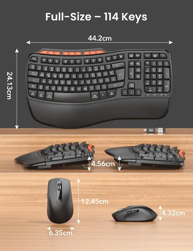 Miniatura 9 de Combo de teclado y mouse inalámbricos ergonómicos, 2.4G de tamaño completo con teclado de onda y reposa muñeca acolchado, escritura natural, mouse