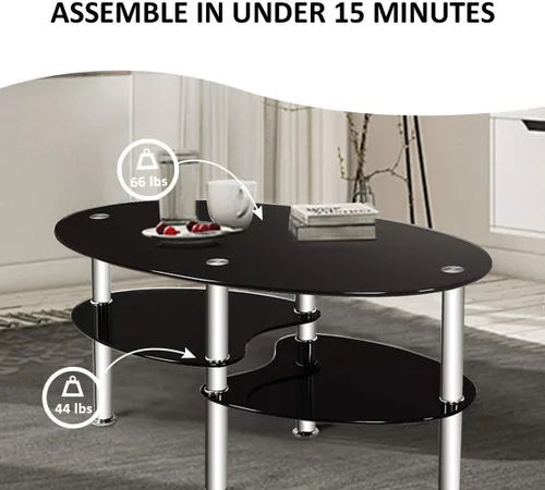 Miniatura 6 de Mesa de café de cristal S AFSTAR, mesa central de té de 3 niveles moderna ovalada de vidrio liso con estante de almacenamiento abierto, mesa