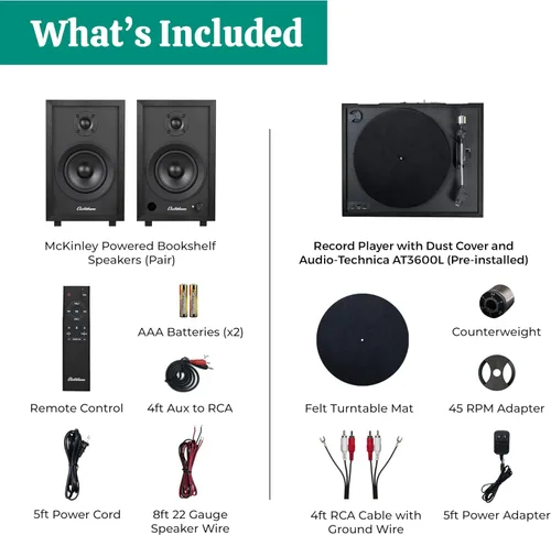Miniatura 9 de Electrohome Montrose Record Player Stereo System, 4" Bluetooth Powered Bookshelf Speakers, Belt-Drive Bluetooth Turntable with Audio-Technica Black