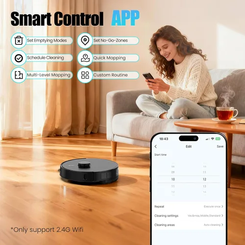 Miniatura 8 de Robot aspirador y trapeador E10+, autovaciado de 75 días, succión de 8000 PA, navegación LiDAR, mapeo del hogar, aplicación y control de voz, tiempo
