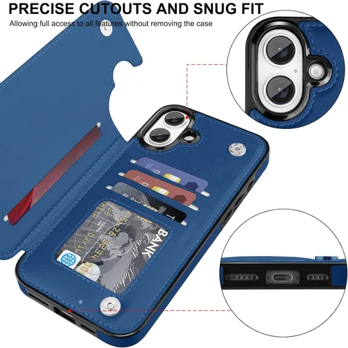 Miniatura 3 de Bizzib para iPhone 16 Plus funda tipo billetera con soporte para tarjetas, funda protectora a prueba de caídas y golpes de poliuretano premium