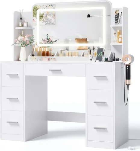 Miniatura 12 de JUMMICO Escritorio de tocador de maquillaje con espejo grande y luces, tocador con regleta de enchufes y soporte para secador de pelo, 6 estantes