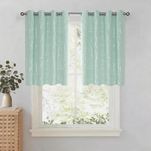 Miniatura 20 de BUHUA Cortinas pequeñas para ventana de 36 pulgadas de largo, 2 paneles, cortinas opacas con elegantes ramas de árbol plateadas, cortinas de bloqueo