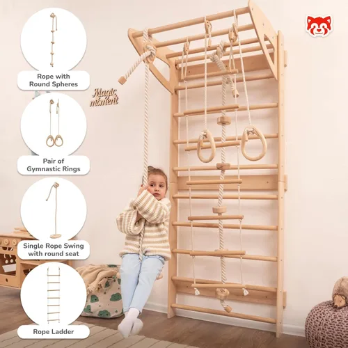 Miniatura 5 de Escalera sueca para niños para juegos activos en interiores, barra de dominadas ajustable, escalera de cuerda, anillos de gimnasia, cuerda