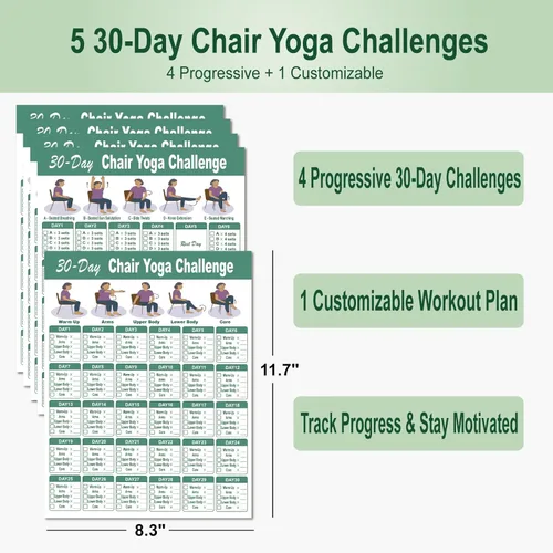 Miniatura 3 de Póster de Yoga en Silla para Personas Mayores y Principiantes – Juego de 5 Guías Ilustradas y 5 Desafíos de 30 Días, Tablas de Ejercicios Sentados