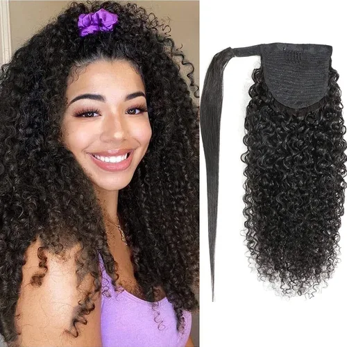 Miniatura 14 de Extensiones de pelo rizado con cordón para cola de caballo, extensiones de cabello humano para mujer con dos clips 1B# 120g/set (71cm)
