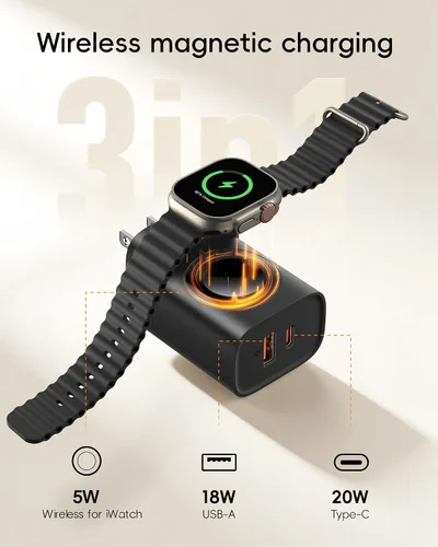 Miniatura 2 de VRURC Cargador para iPhone y Apple Watch, bloque de carga rápida USB C de 20 W, adaptador de viaje compacto 3 en 1 con 2 puertos para iPhone