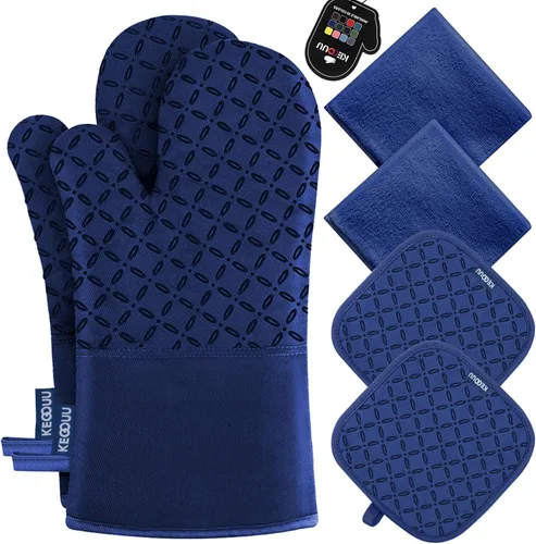 KEGOUU Juego de 6 manoplas para horno y soportes para ollas, guantes para horno de cocina, resistentes al calor, 500 grados, extra largos,