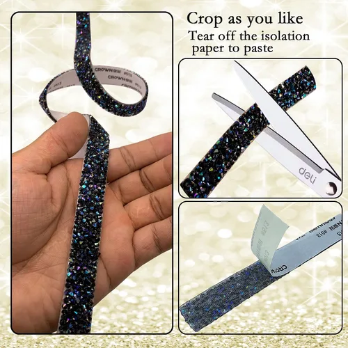 Miniatura 3 de Cinta autoadhesiva de resina negra con diamantes de imitación, 4 yardas, cinta de cristal brillante aplicable a bodas, cumpleaños, Navidad, fiestas