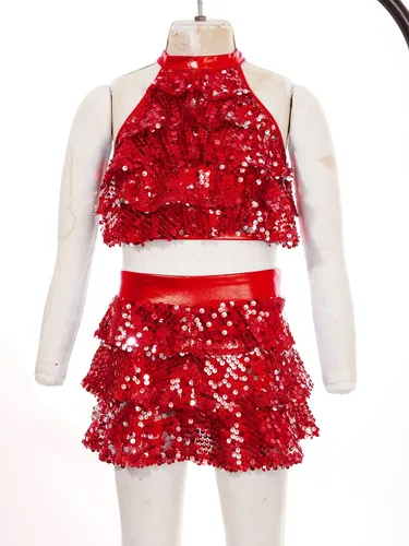 Miniatura 62 de JEATHA Top corto con borlas y lentejuelas brillantes para niñas, con minifalda, jazz latino, salsa, samba, rumba, baile