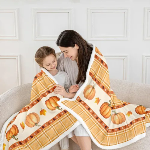 Miniatura 2 de Manfei Hello Fall Throw Blanket Pumpkin Maple Leaf Plaid Patchwork Fleece Blanket Autumn Theme Cozy Throws for Bed Couch Sofa,Kids Boys Girls Room