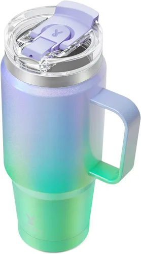 Meoky - Vaso de 32 onzas con asa, taza de viaje de acero inoxidable con pajilla y tapa 2 en 1, taza de café con aislamiento al vacío, 100% a prueba