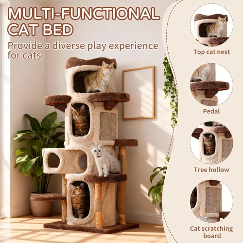 Miniatura 4 de RPZ Árbol para gatos de madera maciza de lujo de 54.7 pulgadas para gatos pequeños a medianos, poste rascador de madera natural con rama real