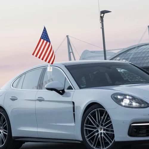 Miniatura 7 de Paquete de 2 banderas de automóvil, bandera de Estados Unidos para exteriores con bandera estadounidense y mástil, el clip para ventana con logotipo