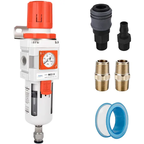 Miniatura 10 de NANPU 1/2 "NPT Embedded Gauge Compressed Air Filter/Regulador Piggyback Combo, Drenaje Automático, Elemento de Latón de 5 Micrones, Cuenco