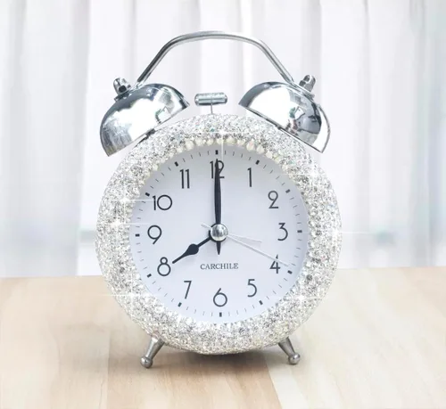 Reloj despertador pequeño con diamantes de imitación, 5 pulgadas de altura, llamada matutina para dormitorio, escritorio, decoración para el hogar y