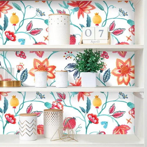Miniatura 5 de VaryStyle Papel tapiz floral rojo naranja para despegar y pegar, bohemio, 17.7 x 118 pulgadas, papel de contacto con flores de bosque tropical