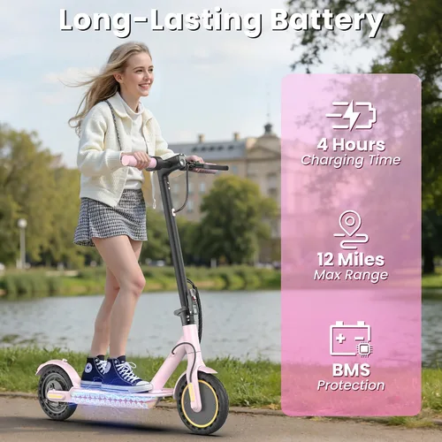 Miniatura 2 de WERHY Scooter eléctrico plegable para niños, motor de 350 W, alcance máximo de 12/16 millas, velocidad máxima de 19 MPH, neumático sólido de 8.5 Rosa