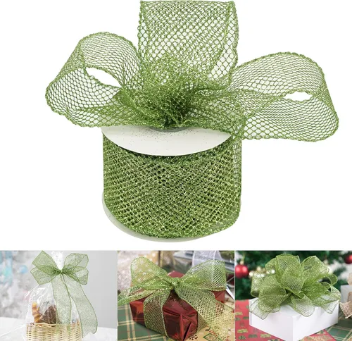 Miniatura 6 de HUIHUANG Cinta de malla con alambre con purpurina dorada, cinta metálica con borde de alambre brillante para envolver regalos, hacer coronas, lazos