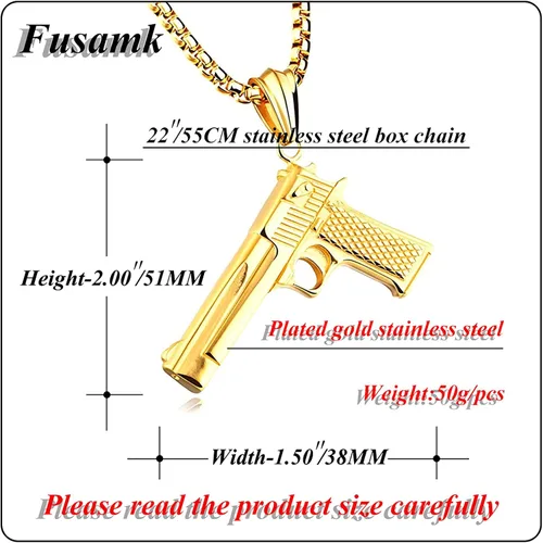 Miniatura 2 de Fusamk Collar con colgante de pistola de acero de titanio Punk Rock, cadena de eslabones de 22 pulgadas, Acero de titanio, No es una piedra preciosa