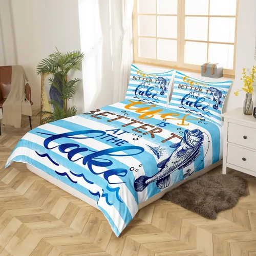Miniatura 2 de Erosebridal Juego de ropa de cama individual con diseño de peces de lubina, la vida es mejor en el lago, funda de edredón para niños y niñas, funda