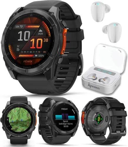 Miniatura 41 de Garmin Fenix 8 – 2 pulgadas, reloj inteligente multideporte GPS AMOLED, zafiro, titanio con banda de silicona naranja brillante/grafito, linterna